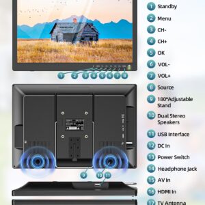 Desobry 17 Inch Small TV with 1080P HDMI Input, Portable TV with Antenna ATSC Tuner, Rechargeable Battery Operated TV Portable Monitor Built-in TV Stand, Mini TV for Bedroom, Kitchen, Camping, RV