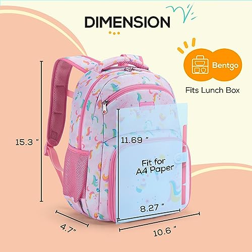 mommore 2-in-1 Kids Backpack, Insulated Lunch Compartment Unicorn Toddler Backpack Kindergarten Preschool Bookbag for Girls, Lightweight Daycare Backpack with Chest Strap, Pink