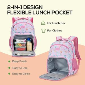 mommore 2-in-1 Kids Backpack, Insulated Lunch Compartment Unicorn Toddler Backpack Kindergarten Preschool Bookbag for Girls, Lightweight Daycare Backpack with Chest Strap, Pink