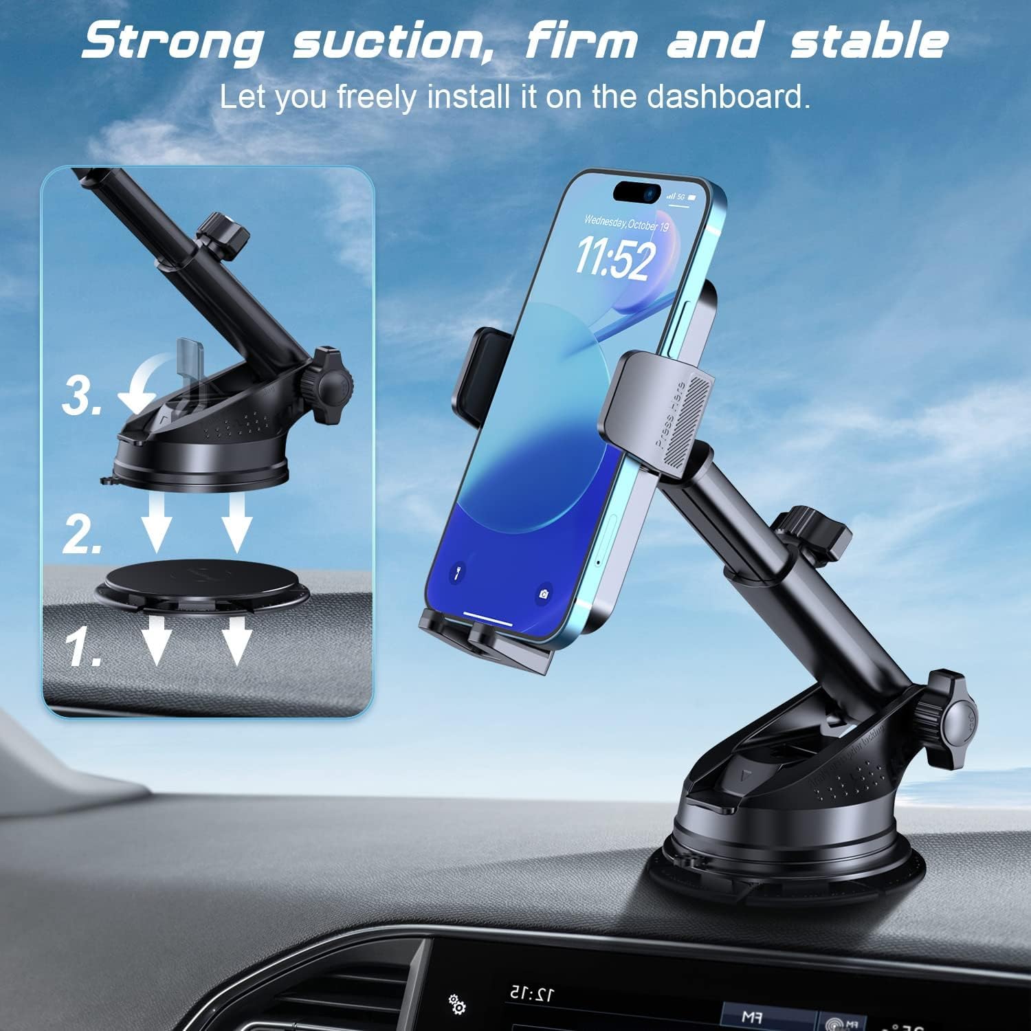 SUUSON Car Phone Holder Mount【Upgraded】-【Bumpy Roads Friendly】 Phone Mount for Car Dashboard Windshield Air Vent 3 in 1,Hand Free Mount for iPhone 14 13 12 Pro Max Samsung All Cell Phones