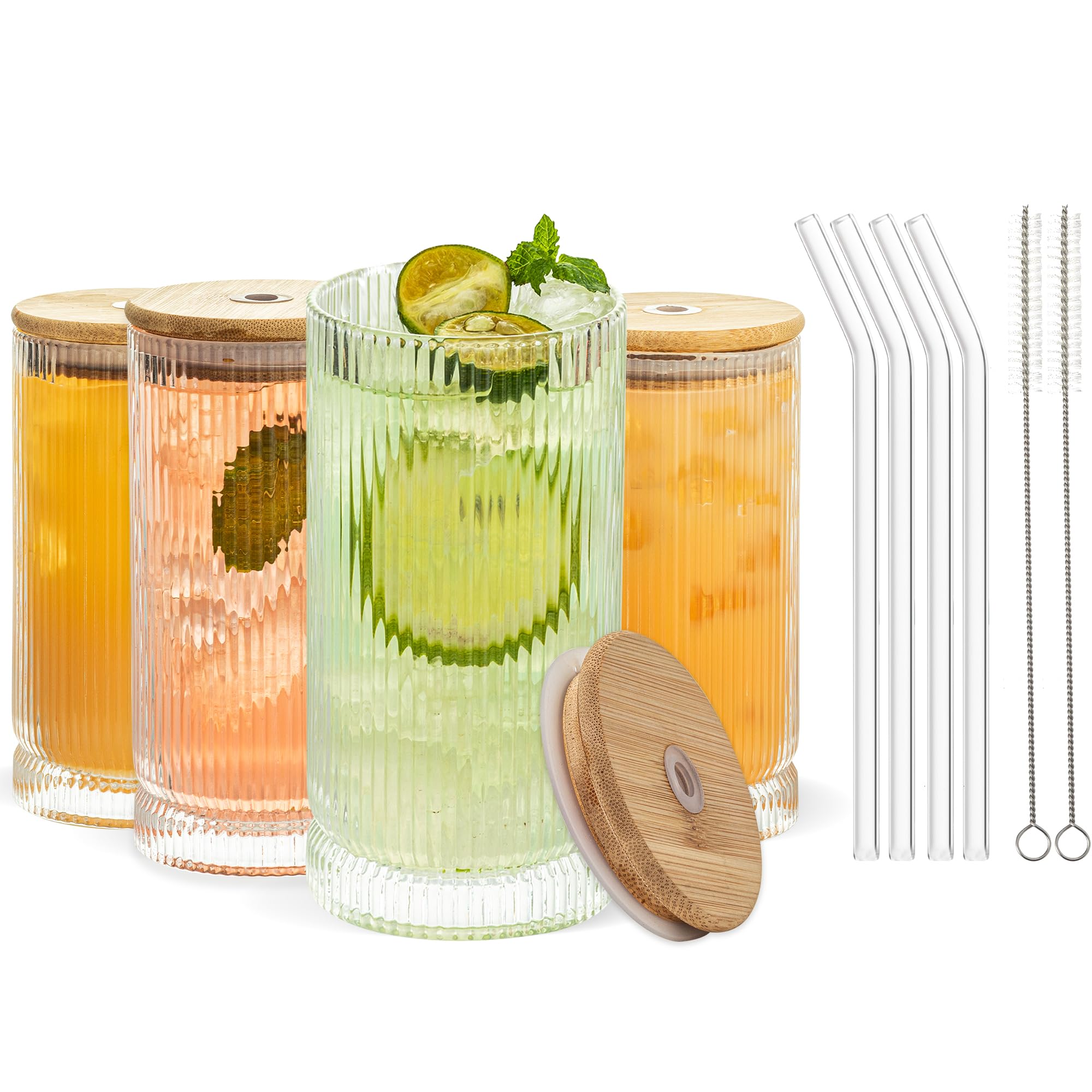 Ribbed Glass Cups With Lids And Straws, 16oz Drinking Glasses, Vintage Glassware Set of 4 Large, Origami Style Cocktail Glasses, Tumbler for Bar Beverages, Whiskey (4PCS-16 Oz With Lid And Straw)