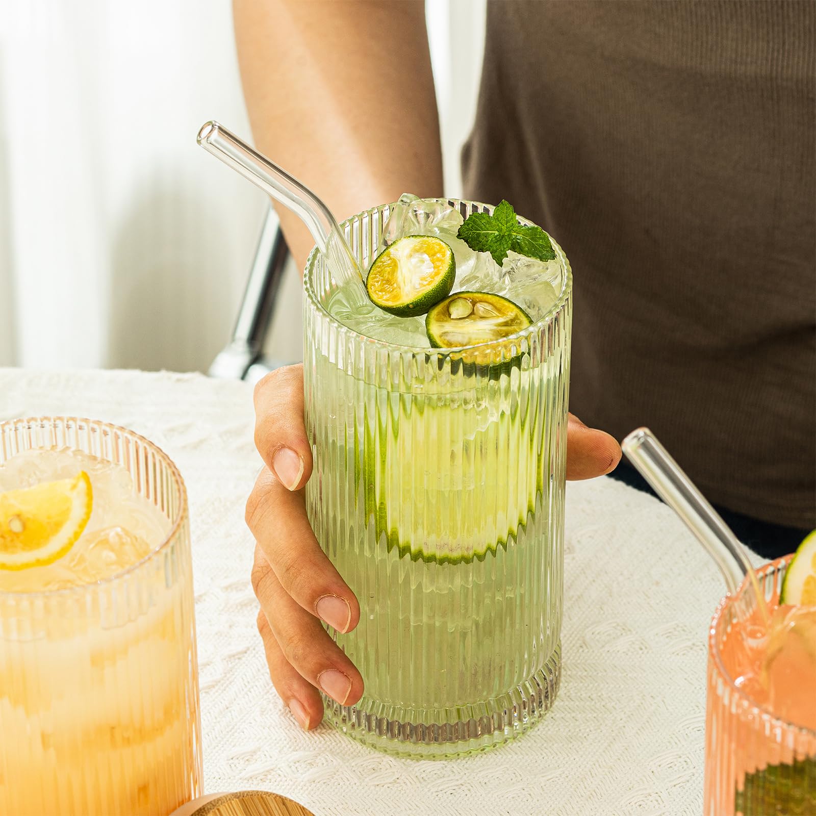 Ribbed Glass Cups With Lids And Straws, 16oz Drinking Glasses, Vintage Glassware Set of 4 Large, Origami Style Cocktail Glasses, Tumbler for Bar Beverages, Whiskey (4PCS-16 Oz With Lid And Straw)