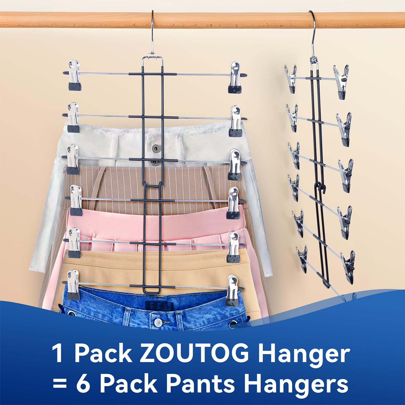 3 Pack Skirt Hangers with Clips, ZOUTOG 6 Tier Pants Hangers, Skirt Hangers Space Saving Closet Organizers and Storage, Non Slip Adjustable Clip Hanger for Shorts, Skirts, Dresses, Kids Clothes & More