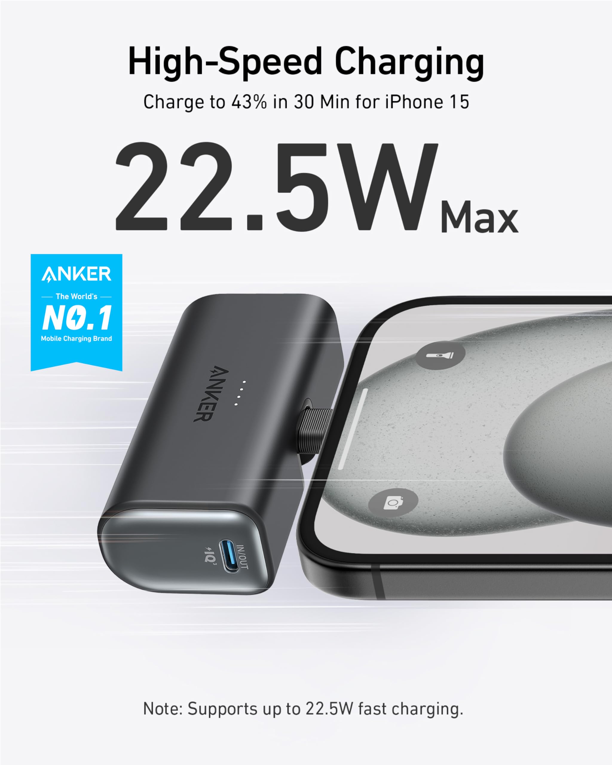 Anker Nano Power Bank with Built-in Foldable USB-C Connector, 5,000mAh Portable Charger 22.5W, for iPhone 15/15 Plus/15 Pro/15 Pro Max, Samsung S22/23 Series, Huawei, iPad Pro/Air, AirPods, and More