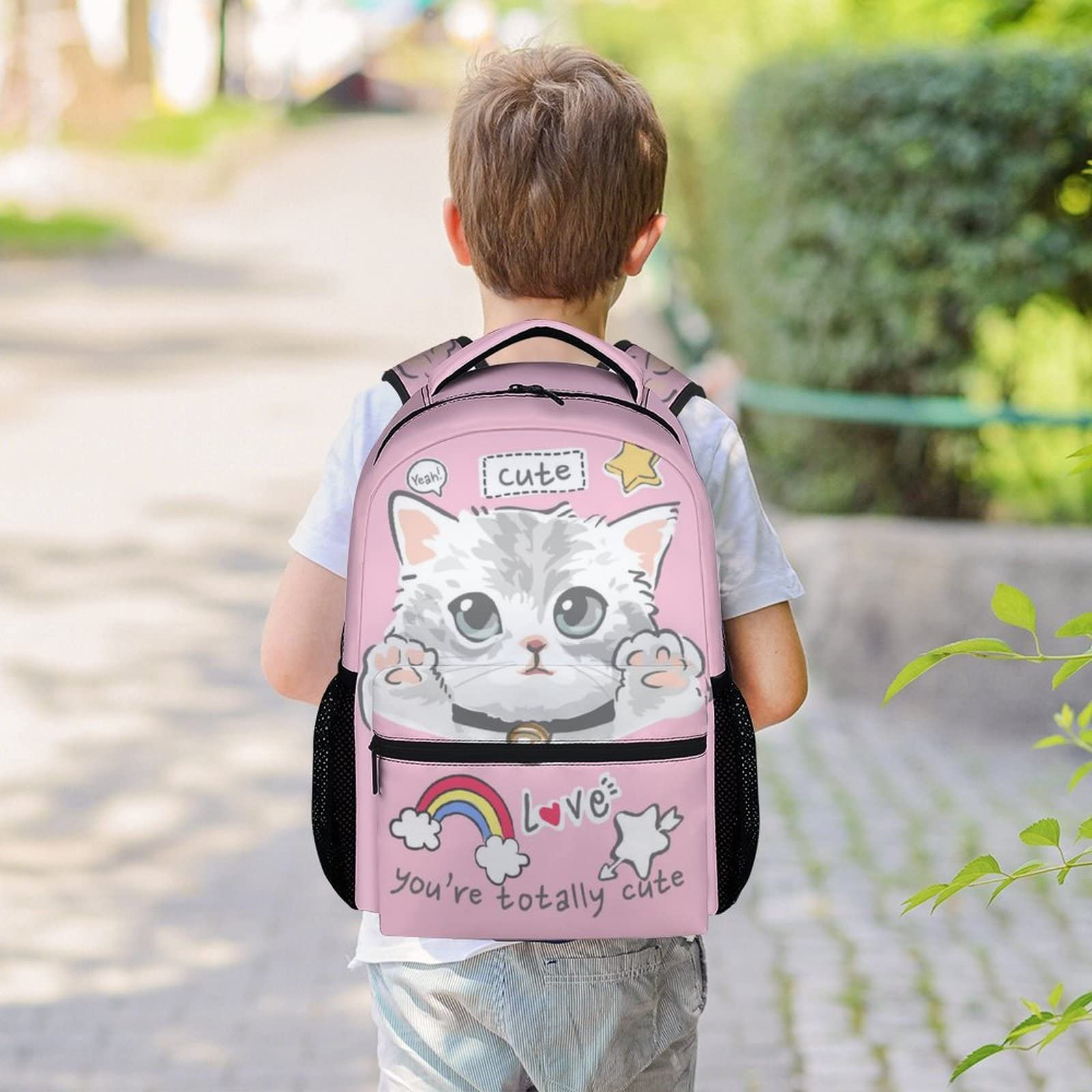 XaocNyx Cat School Backpack for Girls Boys, 16 Inch Pink Backpacks for Kids Age 10-12, Cute Lightweight Bookbag for Travel