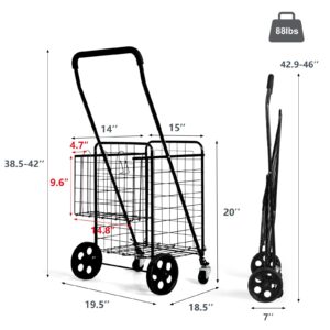 MARSTAR Folding Shopping Cart w/Rolling Swivel Wheels, Utility Cart for Groceries Laundry Transport Stair Climber, Double Basket, Adjustable Handle, Portable Grocery Cart, Light Weight, Save Space