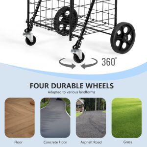 MARSTAR Folding Shopping Cart w/Rolling Swivel Wheels, Utility Cart for Groceries Laundry Transport Stair Climber, Double Basket, Adjustable Handle, Portable Grocery Cart, Light Weight, Save Space