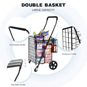 MARSTAR Folding Shopping Cart w/Rolling Swivel Wheels, Utility Cart for Groceries Laundry Transport Stair Climber, Double Basket, Adjustable Handle, Portable Grocery Cart, Light Weight, Save Space