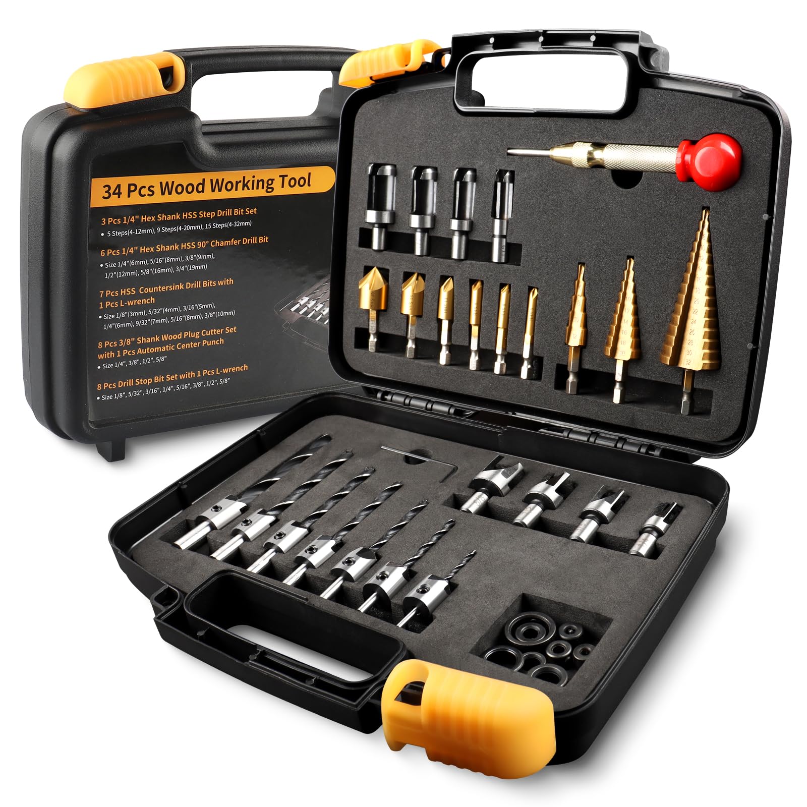 ZORUNNA 34 Pcs Woodworking Chamfer Drilling Tools Including 6 Countersink Drill Bit Set, 7 Countersink Drill Bit, 8 Plug Cutters for Woodworking, 3 Step Drill Bit and 8 Drill Stop Bit Collar Set.