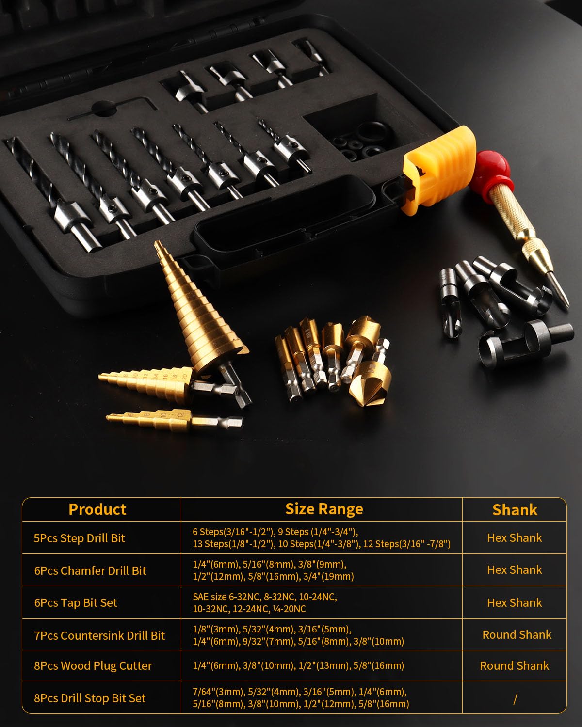 ZORUNNA 34 Pcs Woodworking Chamfer Drilling Tools Including 6 Countersink Drill Bit Set, 7 Countersink Drill Bit, 8 Plug Cutters for Woodworking, 3 Step Drill Bit and 8 Drill Stop Bit Collar Set.