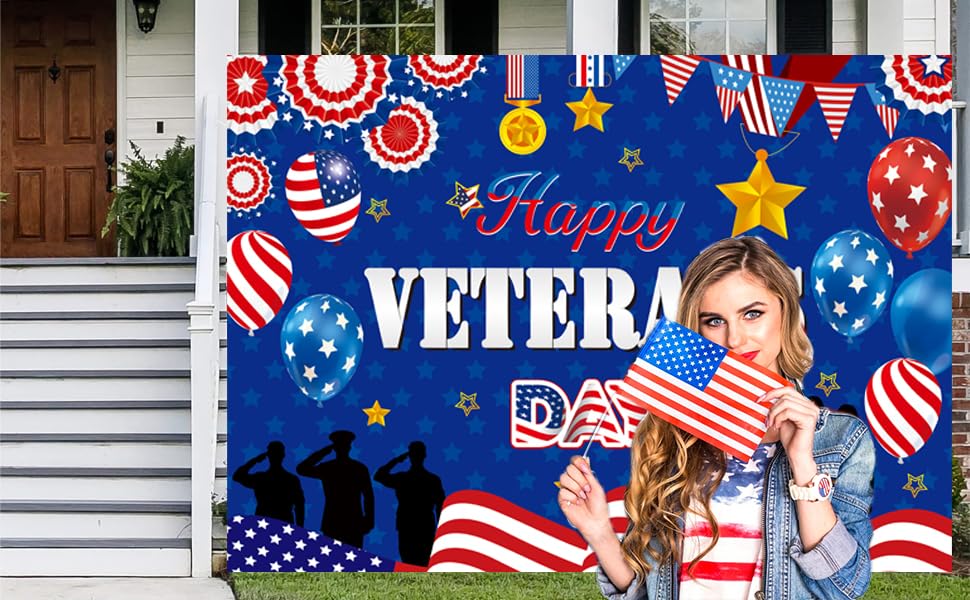 Happy Veterans Day Backdrop Thank You Veterans Background American Medal Striped Flag Patriotic Soldier Outdoor Indoor Home Party Banner Decorations Supplies 7x5FT