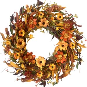 cir oases fall front door wreath,18” artificial floral wreath with colorful daisies and fall orange wreath for front door wall window and thanksgiving decor