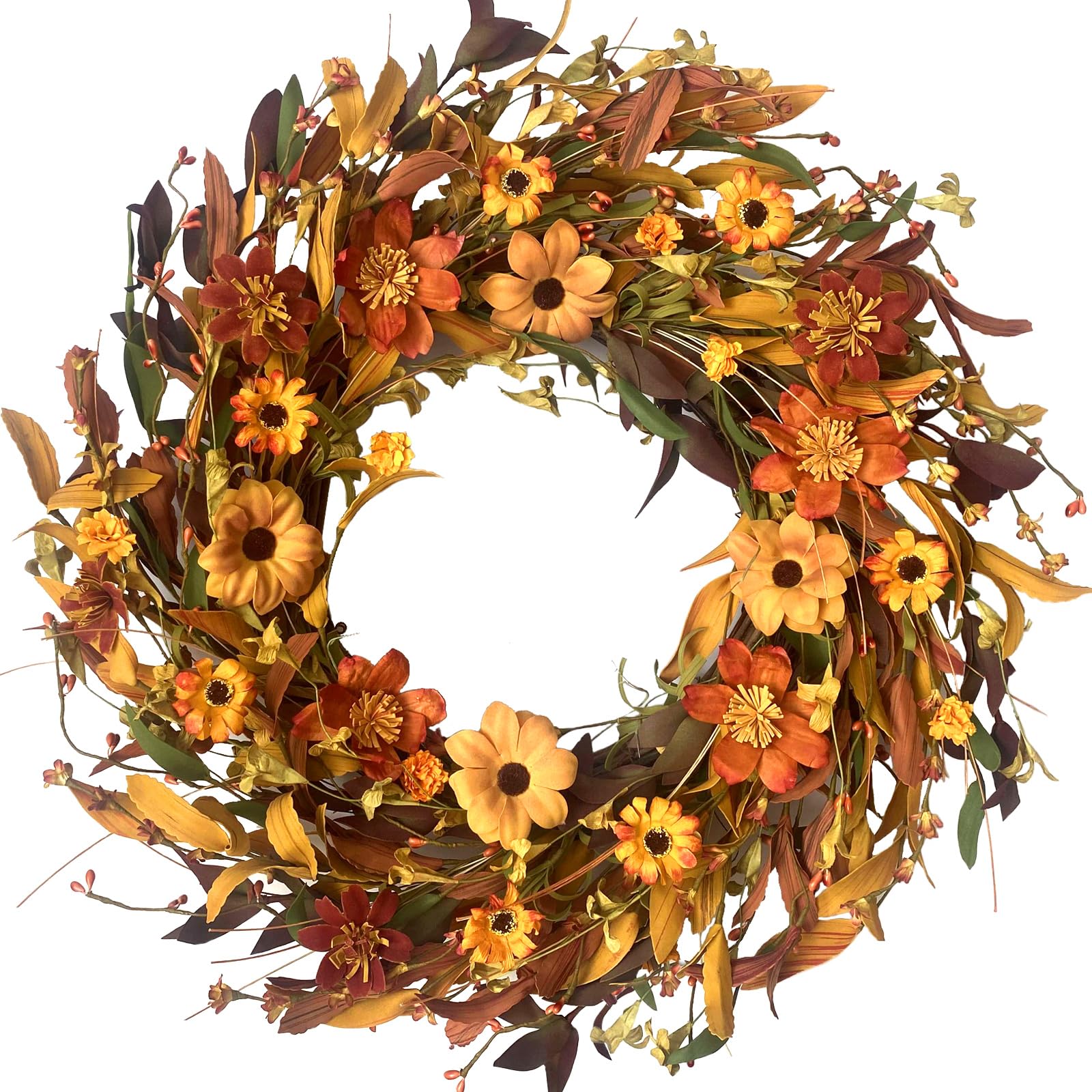 CIR OASES Fall Front Door Wreath,18” Artificial Floral Wreath with Colorful Daisies and Fall Orange Wreath for Front Door Wall Window and Thanksgiving Decor