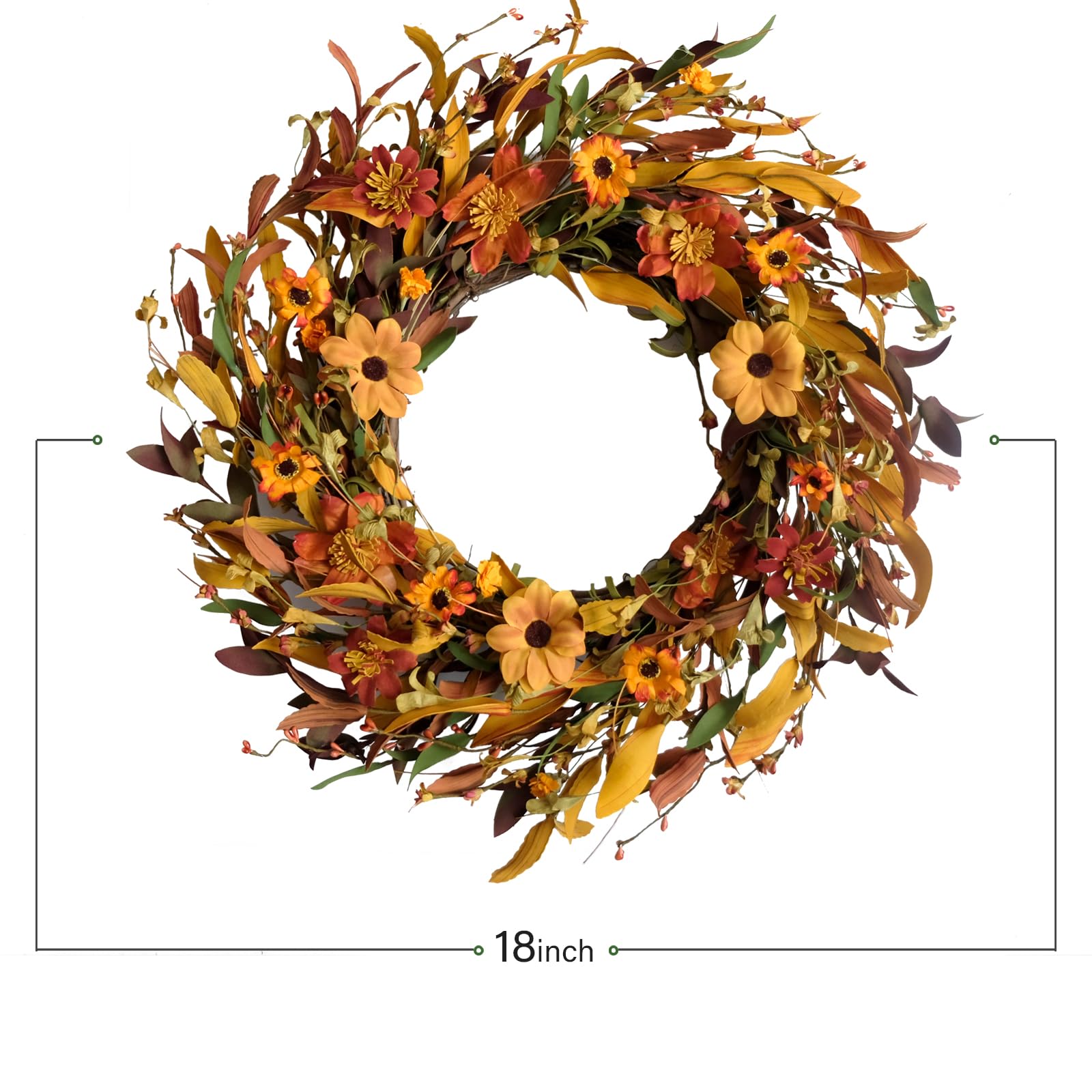 CIR OASES Fall Front Door Wreath,18” Artificial Floral Wreath with Colorful Daisies and Fall Orange Wreath for Front Door Wall Window and Thanksgiving Decor