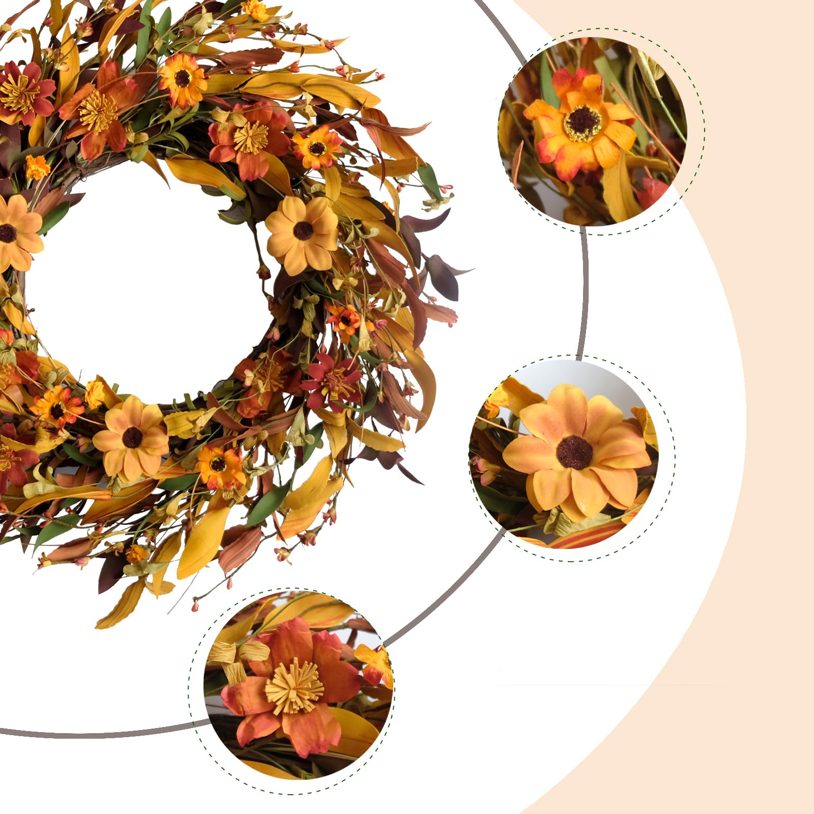 CIR OASES Fall Front Door Wreath,18” Artificial Floral Wreath with Colorful Daisies and Fall Orange Wreath for Front Door Wall Window and Thanksgiving Decor