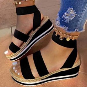 Wedge Comfortable Flat Open Band Womens Sandals Platform Elastic Toe Strap Women's Sandals Sandals with Arch Support for Women Pretty (D-Black, 9)