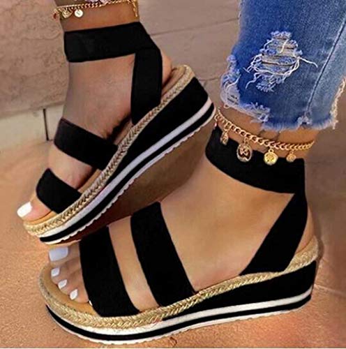 Wedge Comfortable Flat Open Band Womens Sandals Platform Elastic Toe Strap Women's Sandals Sandals with Arch Support for Women Pretty (D-Black, 9)