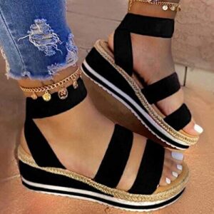 Wedge Comfortable Flat Open Band Womens Sandals Platform Elastic Toe Strap Women's Sandals Sandals with Arch Support for Women Pretty (D-Black, 9)