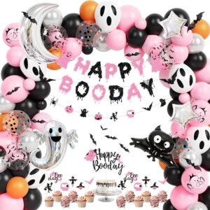 120pcs pink black halloween birthday party decorations, happy boo day glitter banner ghost bat foil balloons garland cake topper for girl kids halloween baby shower gender reveal little boo supplies