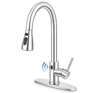 touchless kitchen sink faucet with pull down sprayer, herogo brushed nickel 18/10 stainless steel smart activated faucet for kitchen sink, single handle motion sensor kitchen faucet for farmhouse rv