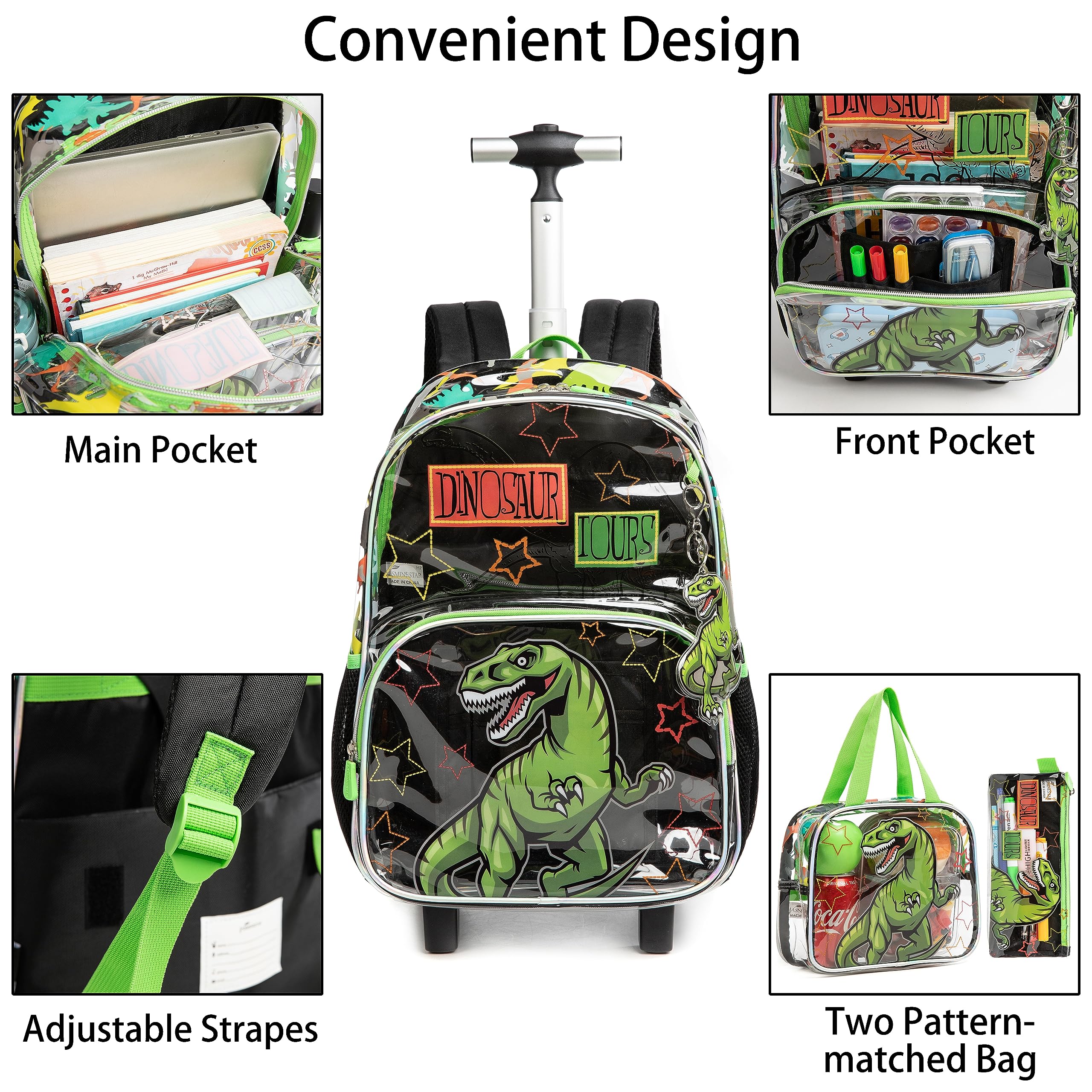 MOHCO Clear Rolling Backpack Kids Wheeled School Bookbag for Boys and Girls (Dinosaur)