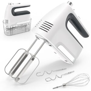 yomelo hand mixer electric 5-speed, 400w powerful mixer for baking, mixer electric handheld with storage case, turbo boost and 5 stainless steel accessories, flat beaters, dough hooks, whisk -white