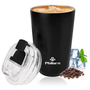 philorn travel coffee mug spill proof -12 oz insulated coffee mug with lid, black stainless steel coffee mug with double wall, coffee cup for hot and cold drinks