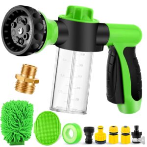 dog wash hose attachment for indoor/outdoor, 8 spray patterns pup jet dog wash shower hose attachment with 3.5oz 100cc soap dispenser, car wash mitt and dog bath brush