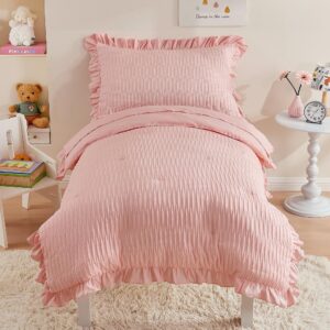 cozyholy 4 piece textured seersucker toddler bedding set girls crib sheets set pink ruffle baby bed comforter set lightweight bed in a bag | include comforter, flat sheet, fitted sheet, pillowcase