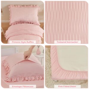 Cozyholy 4 Piece Textured Seersucker Toddler Bedding Set Girls Crib Sheets Set Pink Ruffle Baby Bed Comforter Set Lightweight Bed in a Bag | Include Comforter, Flat Sheet, Fitted Sheet, Pillowcase