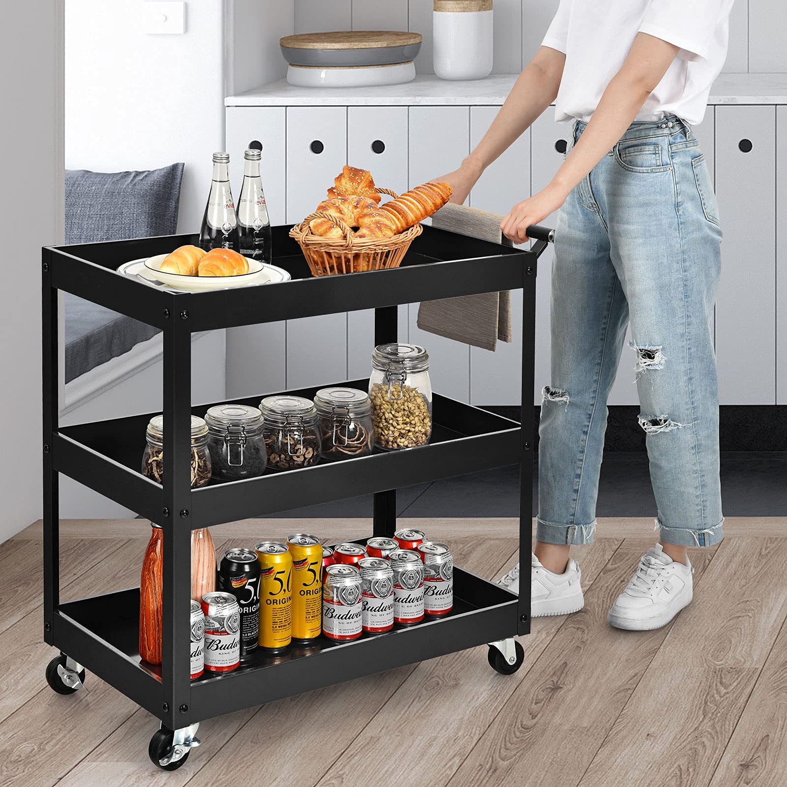 Goplus 2-Tier Utility Cart, Heavy Duty Commercial Service Tool Cart w/Handle, 110 lbs Max Support per Tier, Rolling Mechanic Metal Tool Cart Storage Organizer for Home, Garage, Warehouse
