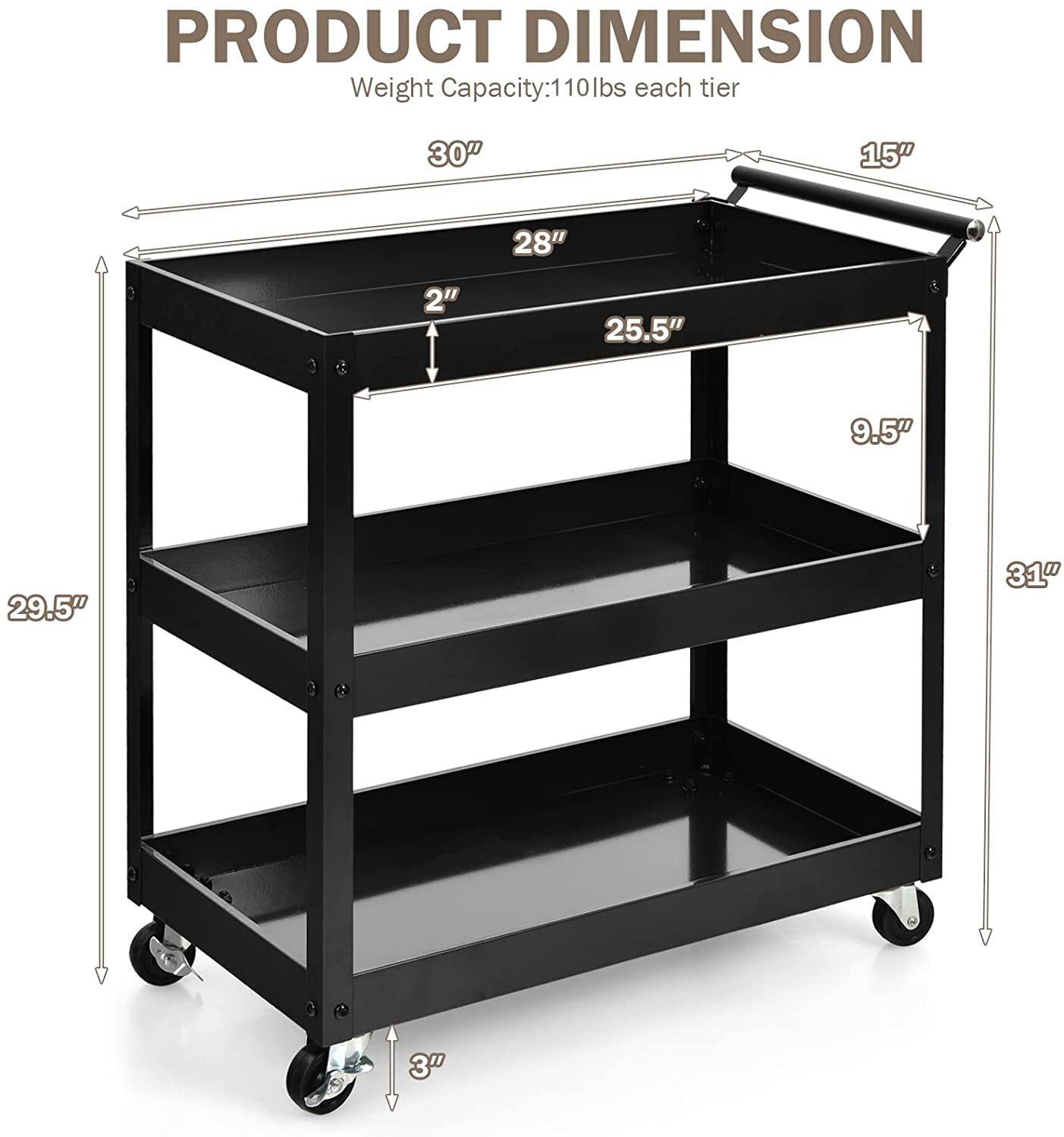 Goplus 2-Tier Utility Cart, Heavy Duty Commercial Service Tool Cart w/Handle, 110 lbs Max Support per Tier, Rolling Mechanic Metal Tool Cart Storage Organizer for Home, Garage, Warehouse