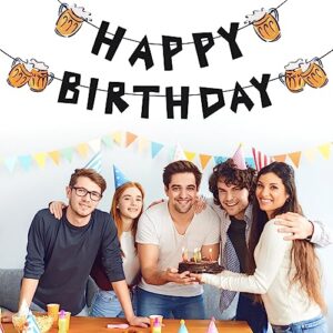 Happy Birthday Banner, Felt Birthday Banner Black Birthday Banner with Beer Mugs Happy Birthday Decorations for Men Women Pre-Strung Happy Birthday Banner