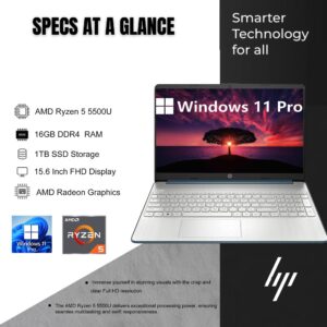 HP 15.6 Inch FHD Business Laptop, AMD Ryzen 5 5500U, Windows 11 Pro, 16GB RAM, 1TB SSD, Fast Charge, SD Card Reader, Long Battery Life, Spruce Blue, PCM