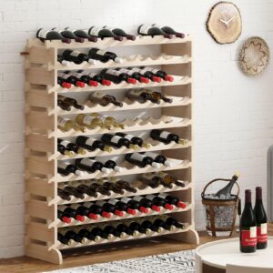 sogesfurniture Floor Wine Racks, Stackable Modular Wine Rack Large Wine Storage Rack Free Standing Solid Natural Wood Wine Holder Display Shelves, (Natural, 10 X 10 Rows (100 Slots)), BHUS-BY-WS100