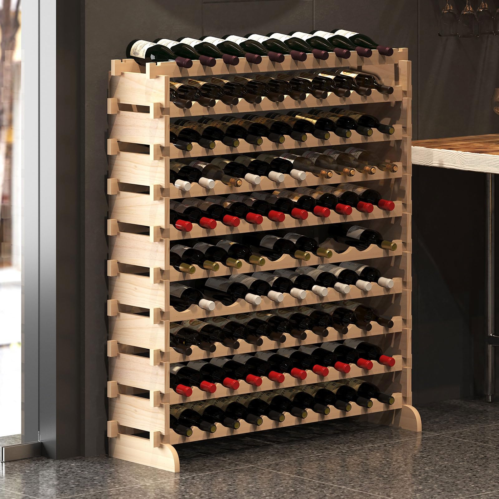 sogesfurniture Floor Wine Racks, Stackable Modular Wine Rack Large Wine Storage Rack Free Standing Solid Natural Wood Wine Holder Display Shelves, (Natural, 10 X 10 Rows (100 Slots)), BHUS-BY-WS100