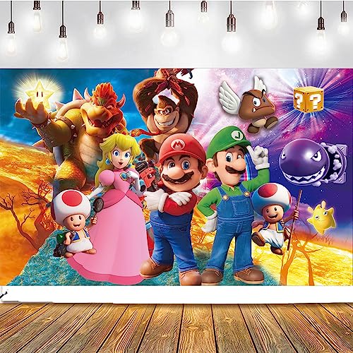 Super Brother Backdrop for Birthday Party Decorations, Mario Background for Baby Shower Party Cake Table Decorations Supplies, Mario Theme Banner (5.9ft*3.6ft-1)