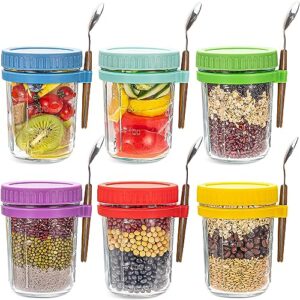 overnight oats jars with spoon and lid (15 oz6pack), airtight oatmeal container with measurement marks, mason jars with lid for cereal on the go container (6pack)