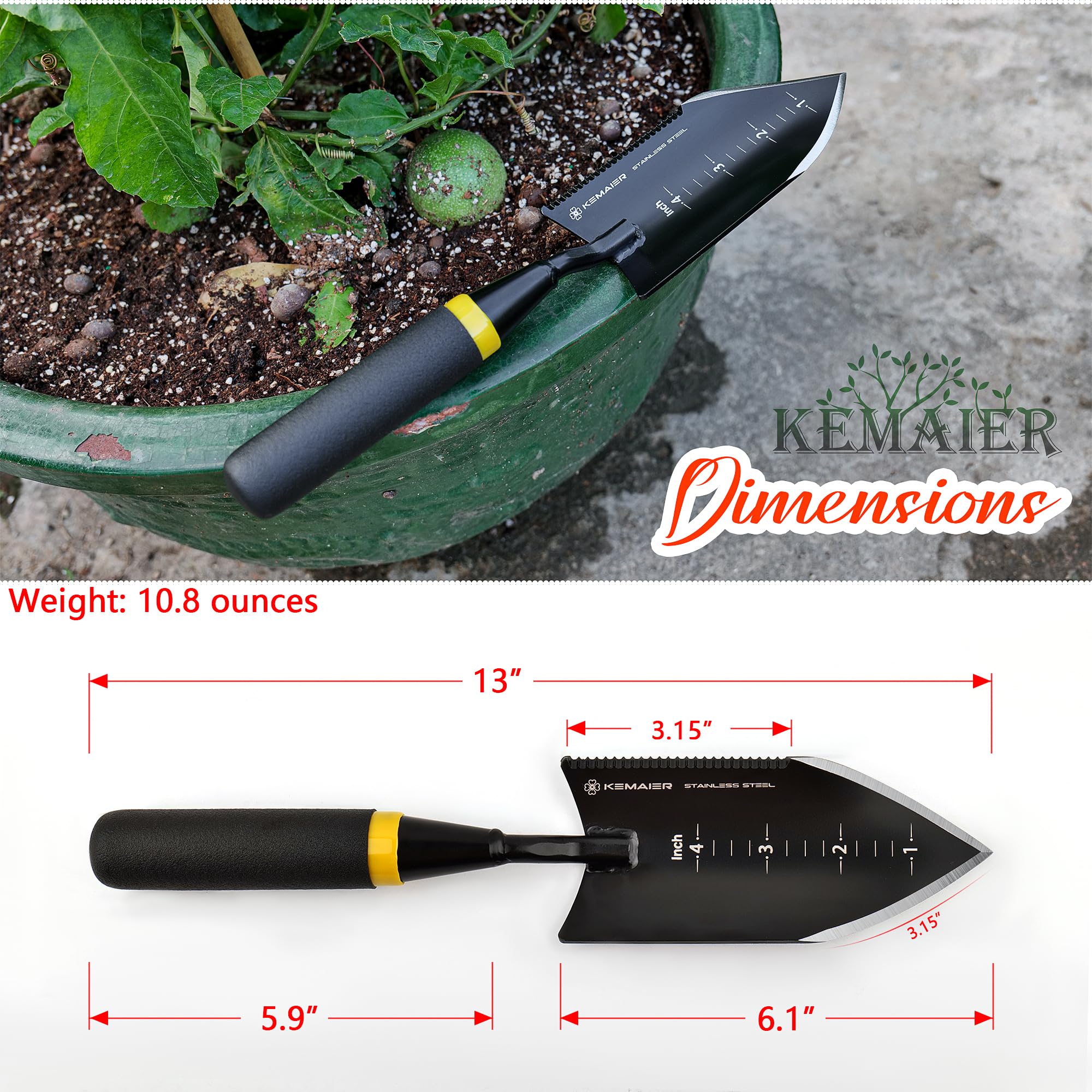 Kemaier Heavy-Duty Trowel Garden Tool, Stainless Steel Serrated Hand Shovel for Effortless Digging, Weed Control, and Precise Bulb Planting