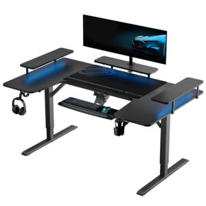 eureka ergonomic standing desk with keyboard tray,u-shaped 74 inch large gaming desk,electric height adjustable music studio desk,sit stand office desk led convertible shelves