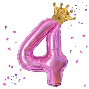 40 inch hot pink number 4 & mini crown balloon for birthday party decorations, 4th birthday party decorations, baby shower anniversary balloons decorations supplies
