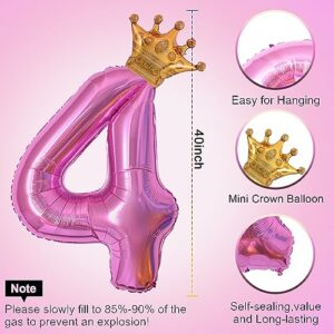 40 Inch Hot Pink Number 4 & Mini Crown Balloon for Birthday Party Decorations, 4th Birthday Party Decorations, Baby Shower Anniversary Balloons Decorations Supplies