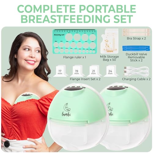 Lumbi L1 Hands-Free Breast Pump Set - Hospital Grade - 17/19/21/24 Silicone Insert Flanges & 27mm Silicon Flange, 50 Milk Bags, 3 Quiet Modes 9 Levels, LED Display, Custom Shut Off Timer, Flange Ruler