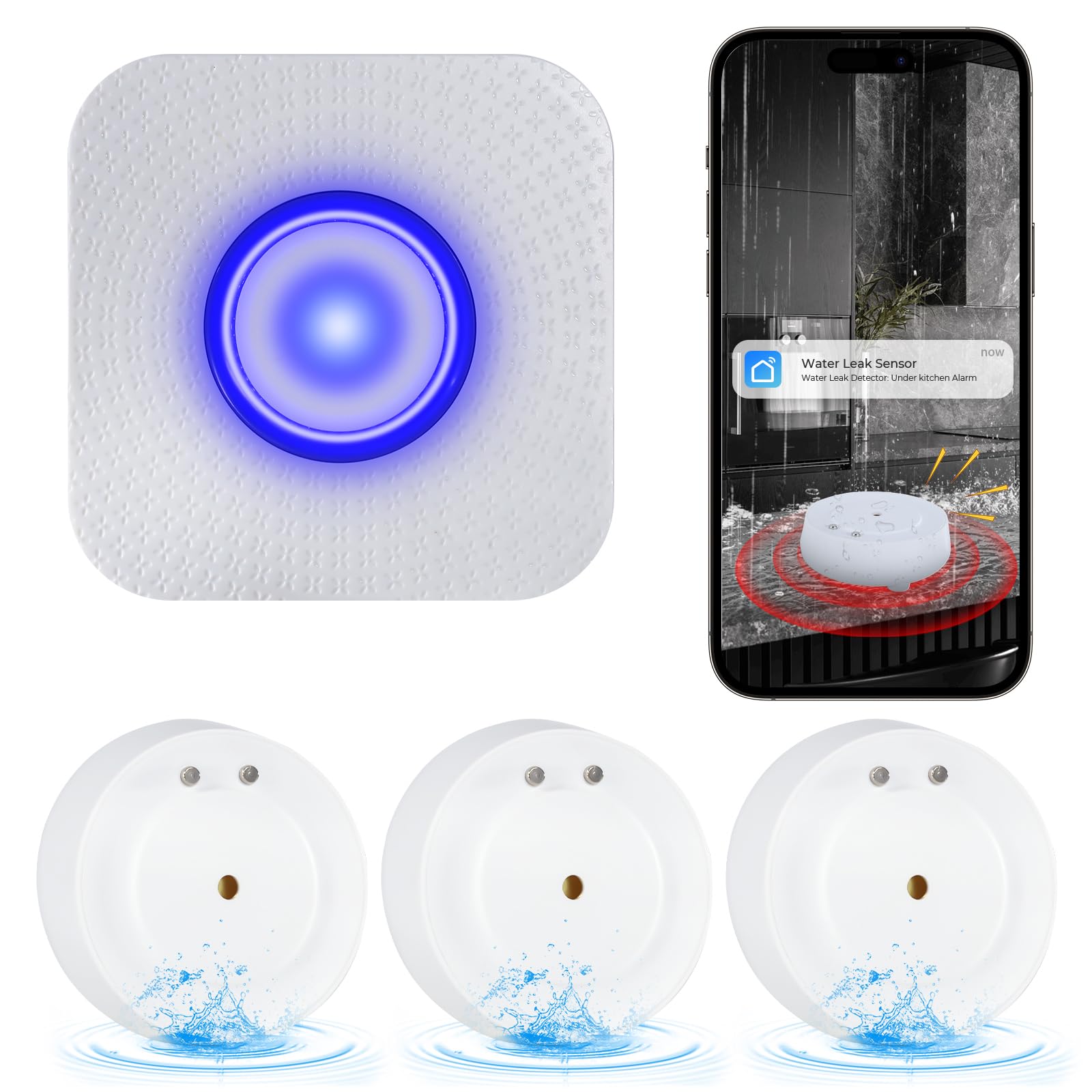 JJGELOS WiFi Water Leak Detector: 110dB Water Sensor Alarm with Triple Real-time Alerts | Wireless Water Alarm Sensor with Free App Alerts, Smart 2.4G Water Detector Alarm for Home Basement Kitchen