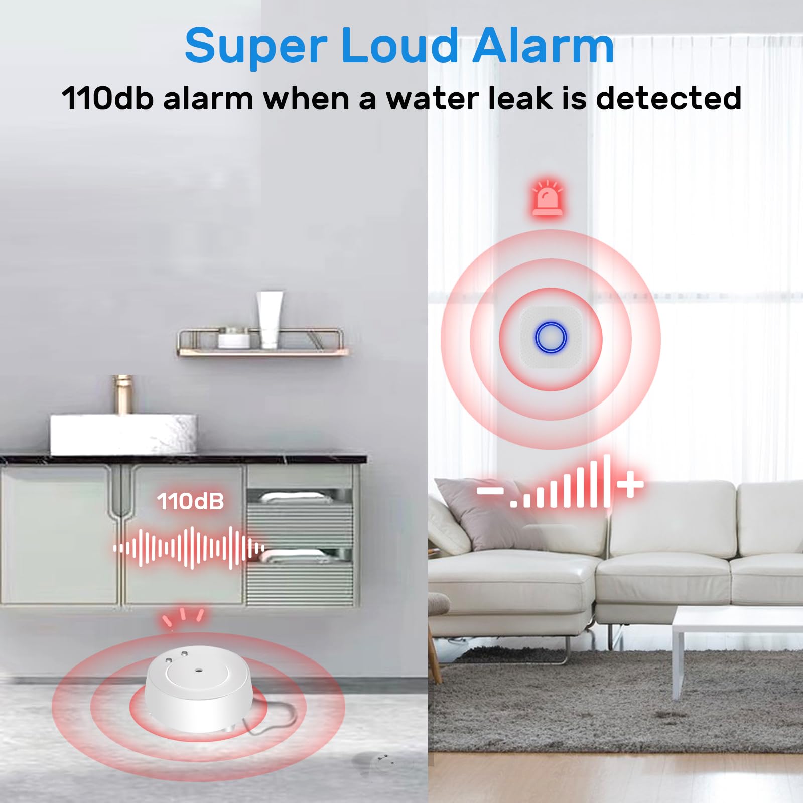 JJGELOS WiFi Water Leak Detector: 110dB Water Sensor Alarm with Triple Real-time Alerts | Wireless Water Alarm Sensor with Free App Alerts, Smart 2.4G Water Detector Alarm for Home Basement Kitchen