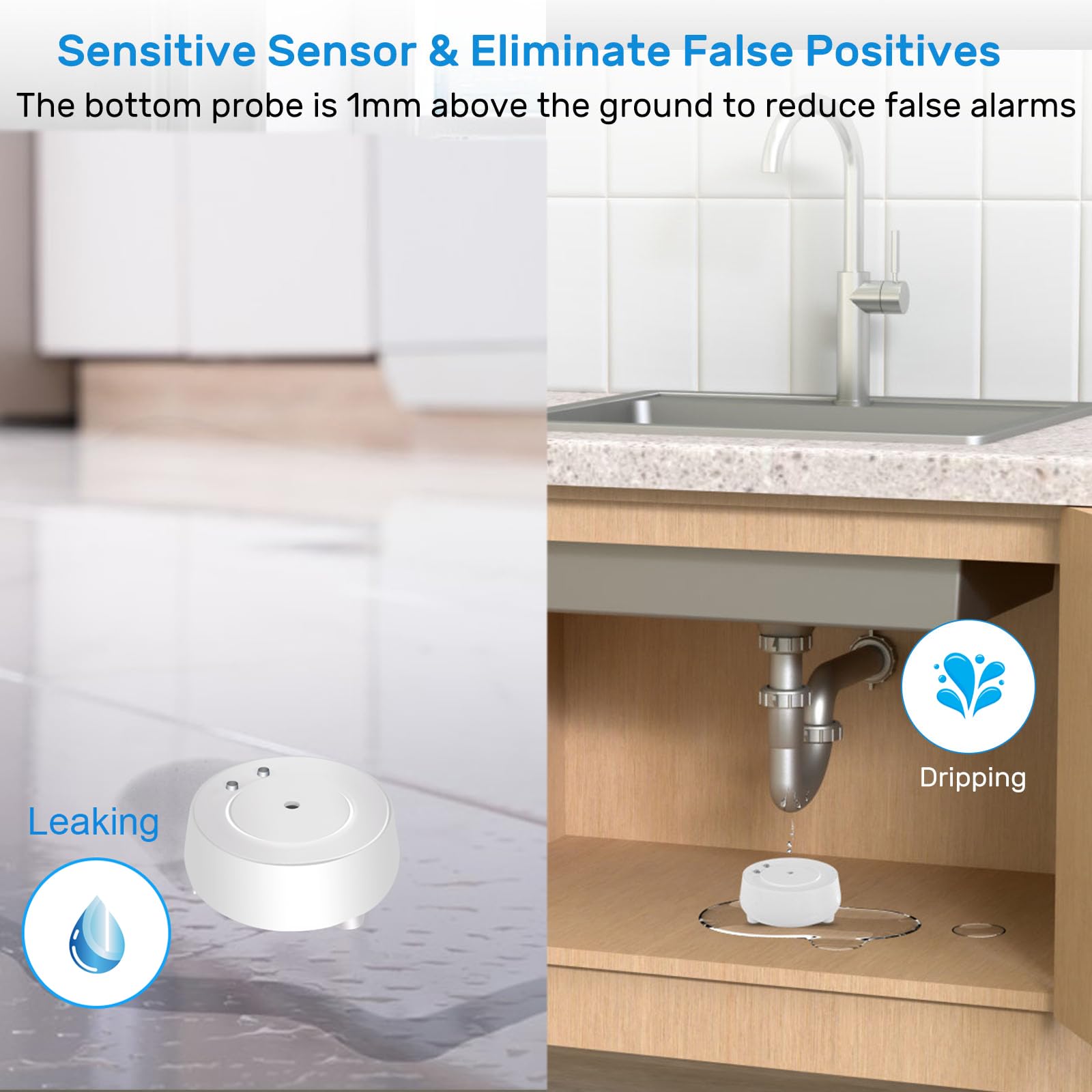 JJGELOS WiFi Water Leak Detector: 110dB Water Sensor Alarm with Triple Real-time Alerts | Wireless Water Alarm Sensor with Free App Alerts, Smart 2.4G Water Detector Alarm for Home Basement Kitchen