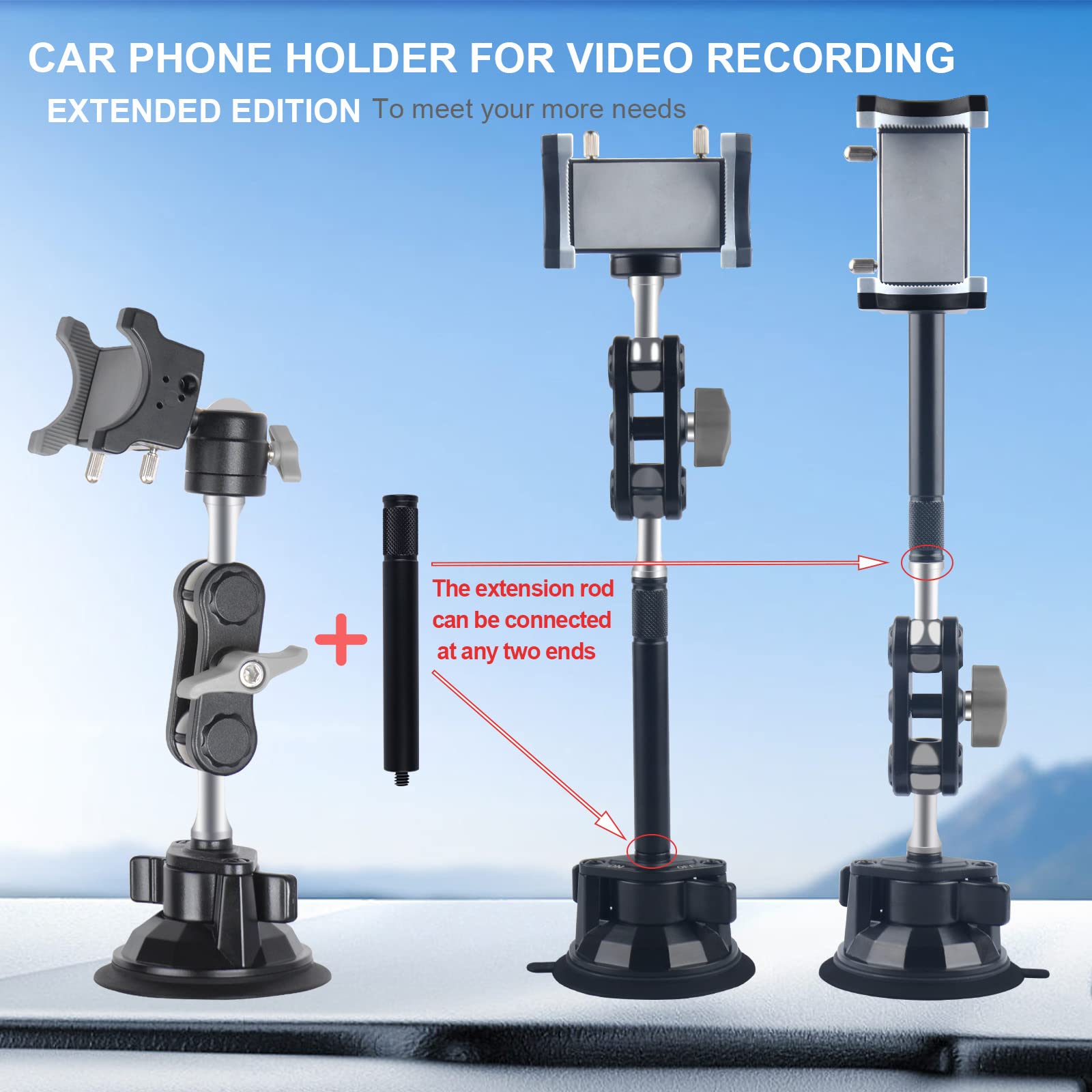 leepiya Universal Ball Head Arm for Phone 360 Adjustable Car Suction Phone Holder with Remote Control Shooting Windshield Phone Mount for Car Cell Phone Holder Stand for Video Recording