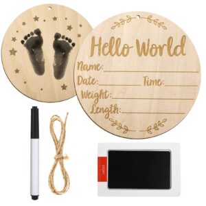 wooden baby announcement sign, 5.9 inch baby birth announcement sign with ink pad markers hello world newborn sign baby nursery name sign for birthday baby showers photo props