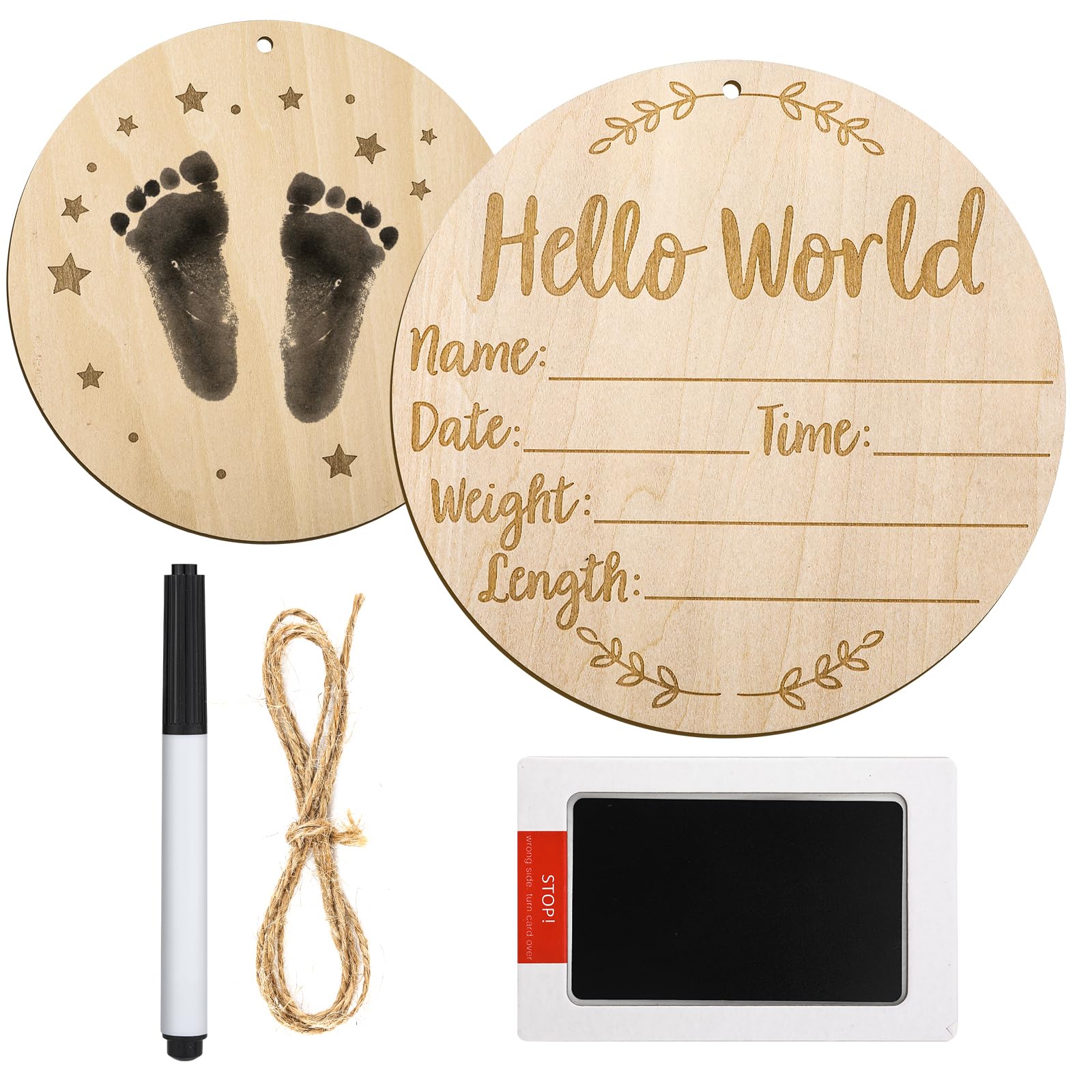 Wooden Baby Announcement Sign, 5.9 inch Baby Birth Announcement Sign with Ink Pad Markers Hello World Newborn Sign Baby Nursery Name Sign for Birthday Baby Showers Photo Props