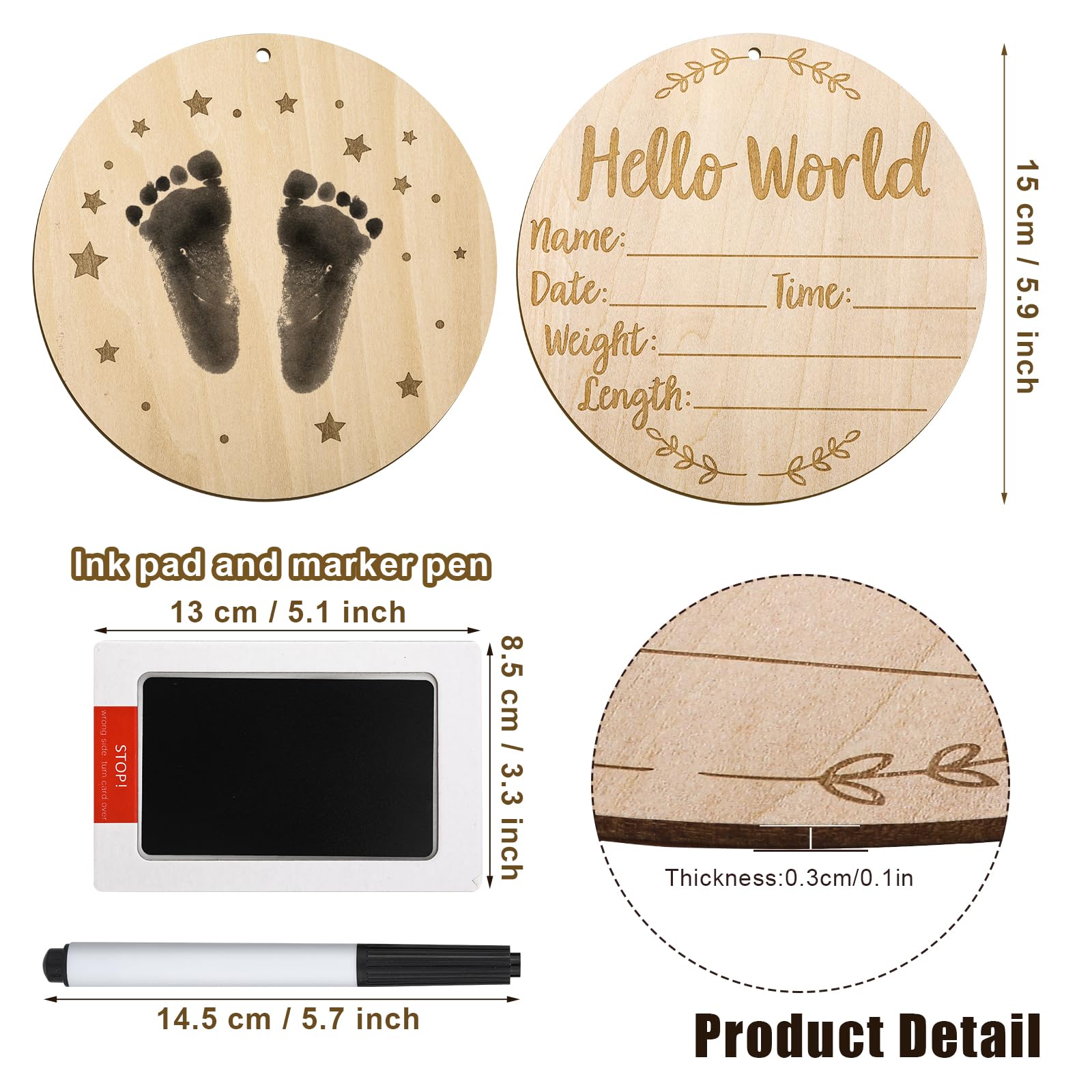 Wooden Baby Announcement Sign, 5.9 inch Baby Birth Announcement Sign with Ink Pad Markers Hello World Newborn Sign Baby Nursery Name Sign for Birthday Baby Showers Photo Props